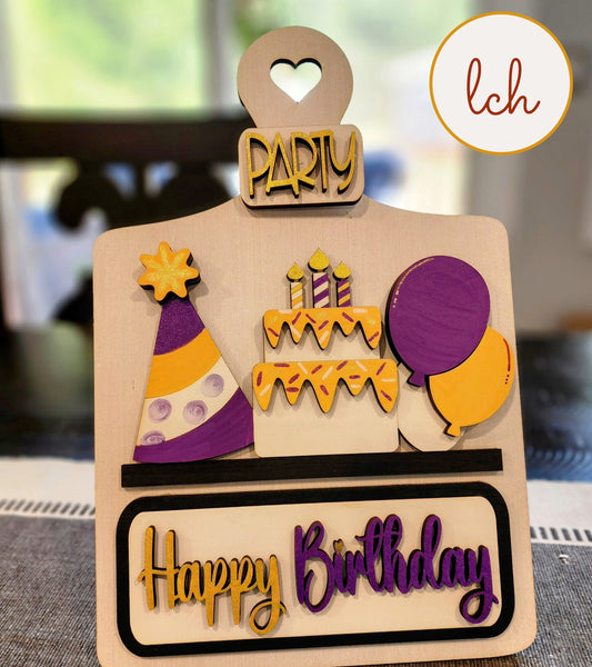Hand-Painted Happy Birthday Theme, Wooden Laser-Cut Interchangeable Breadboard Insert - Insert Only