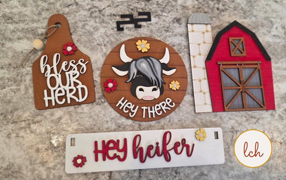 Hey Heifer Hey Highland Cow Insert – Wooden, Laser Cut, Hand-Painted – Fits Interchangeable Shelf Sitters – Insert Only