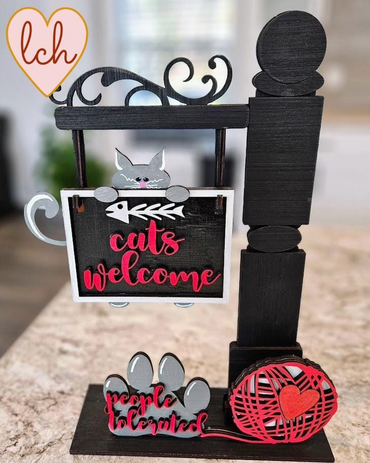 Cats Welcome, People Tolerated Mini Signpost/Door Insert - Wooden Laser Cut & Hand Painted (Insert Only)