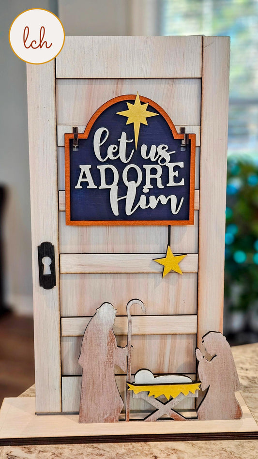Let Us Adore Him Christmas Manger Wooden Laser Cut Hand Painted Mini Signpost Door Insert (Insert Only)