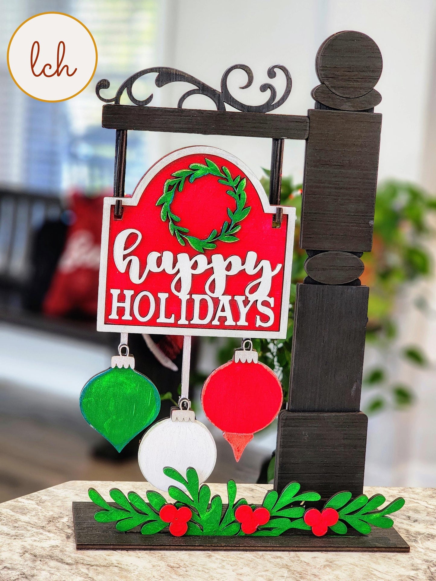 Happy Holidays Christmas Insert - Wooden Laser Cut, Hand Painted, Mini Interchangeable Signpost (Insert Only)