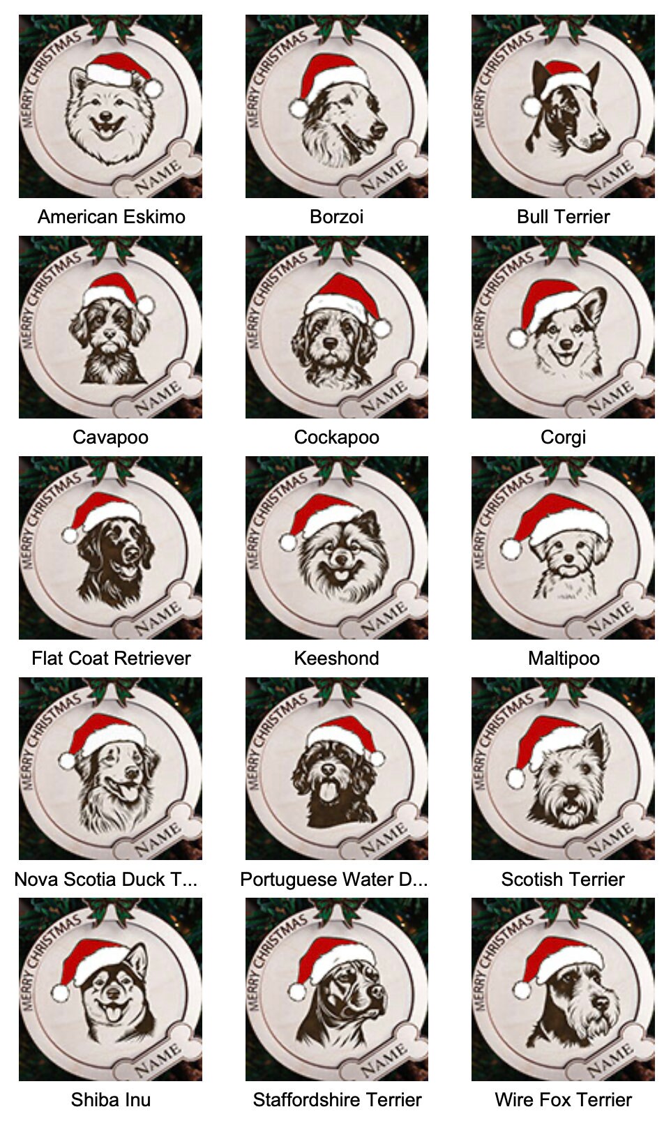 Personalized Santa Paws Wooden Laser-Cut Dog Breed Christmas Ornaments - Choose from 67 Breeds!