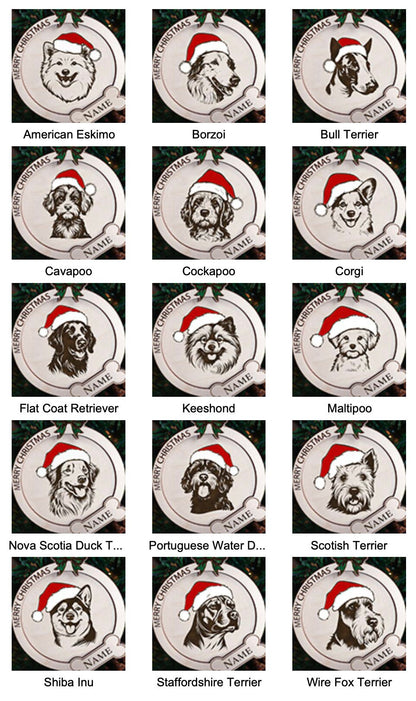 Personalized Santa Paws Wooden Laser-Cut Dog Breed Christmas Ornaments - Choose from 67 Breeds!
