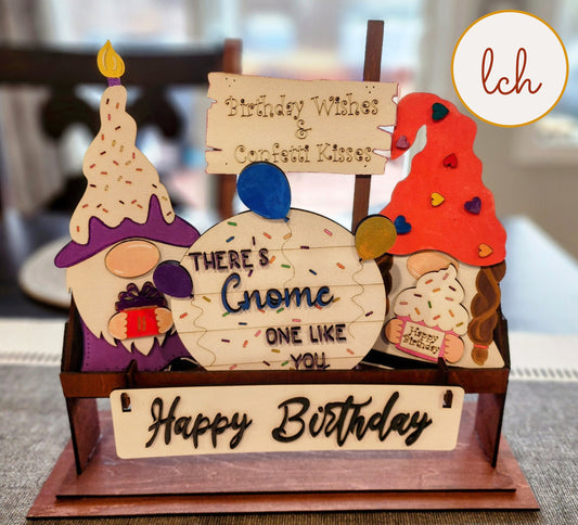 Whimsical Wooden Gnome Birthday Shelf Sitter Inserts - Hand-Painted & Laser-Cut Decor for Interchangeable Displays (Inserts Only)!