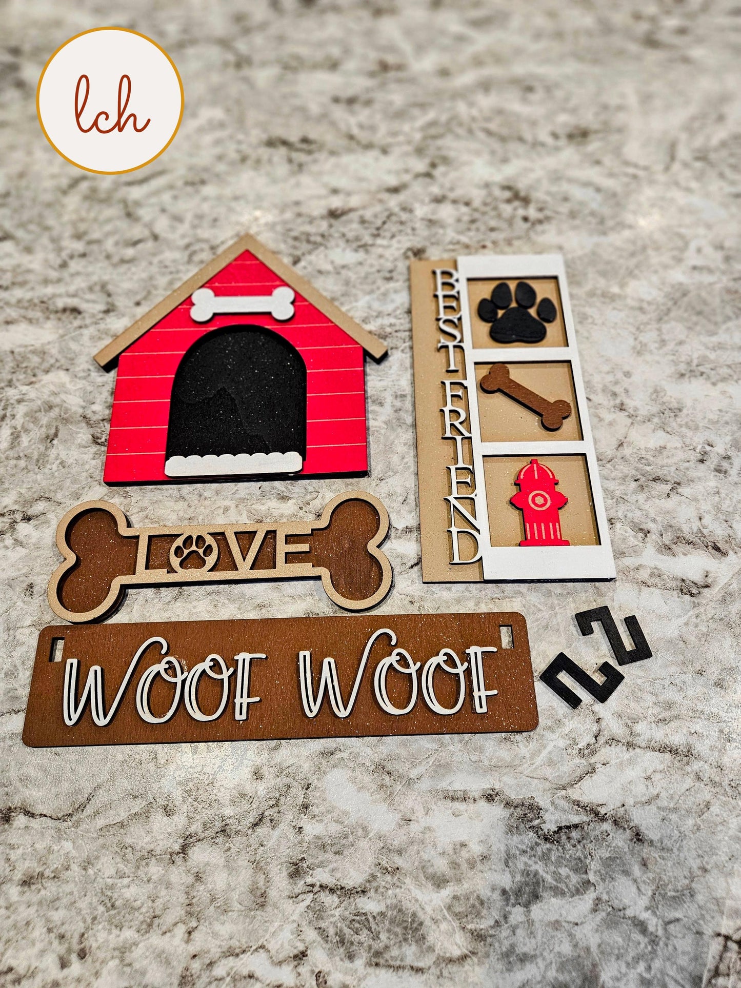 Customizable Woof Woof Dog Themed Wooden Laser Cut Hand Painted Interchangeable Shelf Sitter Insert - Inserts Only