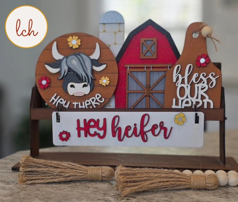 Hey Heifer Hey Highland Cow Insert – Wooden, Laser Cut, Hand-Painted – Fits Interchangeable Shelf Sitters – Insert Only
