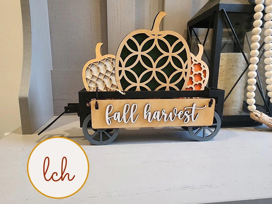 Fall Harvest Wooden Laser Cut & Hand Painted Wagon and Raised Shelf Sitter Seasonal Insert (insert only)
