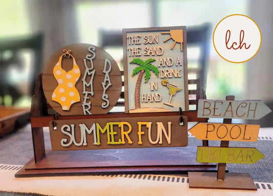 Summer Fun Beach-Themed Hand-Painted Wooden Laser-Cut Interchangeable Shelf Sitter Insert
