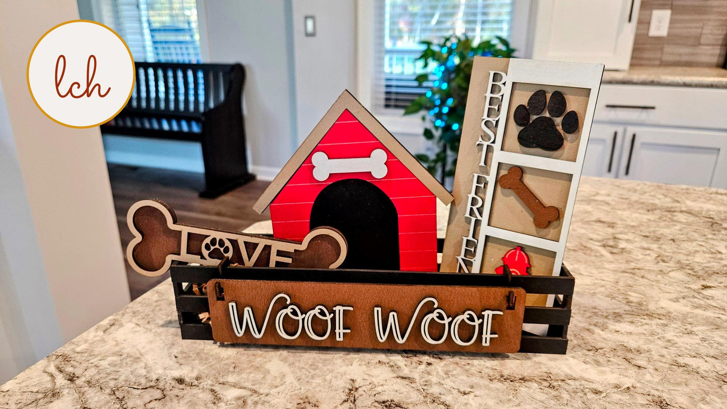 Customizable Woof Woof Dog Themed Wooden Laser Cut Hand Painted Interchangeable Shelf Sitter Insert - Inserts Only