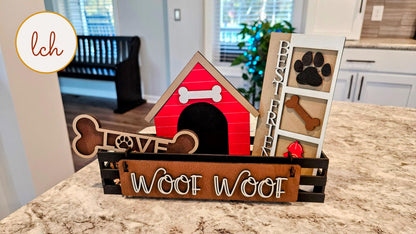 Customizable Woof Woof Dog Themed Wooden Laser Cut Hand Painted Interchangeable Shelf Sitter Insert - Inserts Only