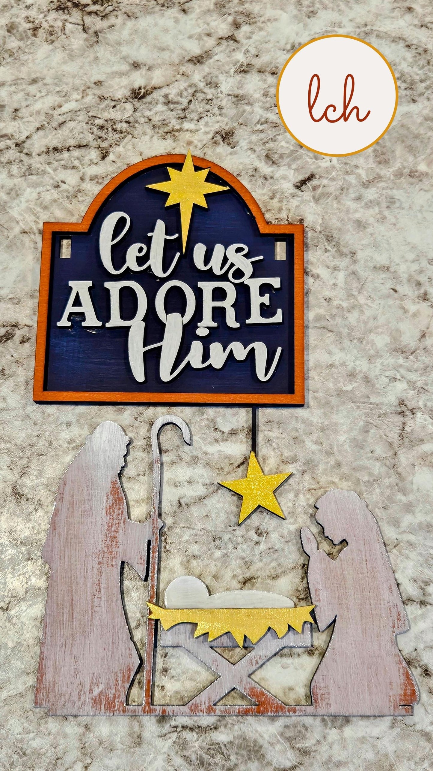 Let Us Adore Him Christmas Manger Wooden Laser Cut Hand Painted Mini Signpost Door Insert (Insert Only)