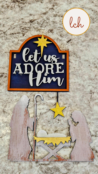 Let Us Adore Him Christmas Manger Wooden Laser Cut Hand Painted Mini Signpost Door Insert (Insert Only)