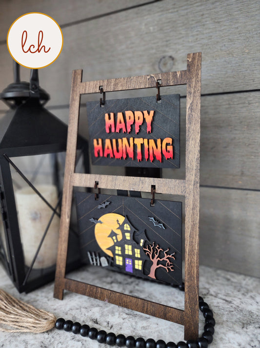 Halloween wooden ladder picture frame with spooky haunted house and happy haunting signs