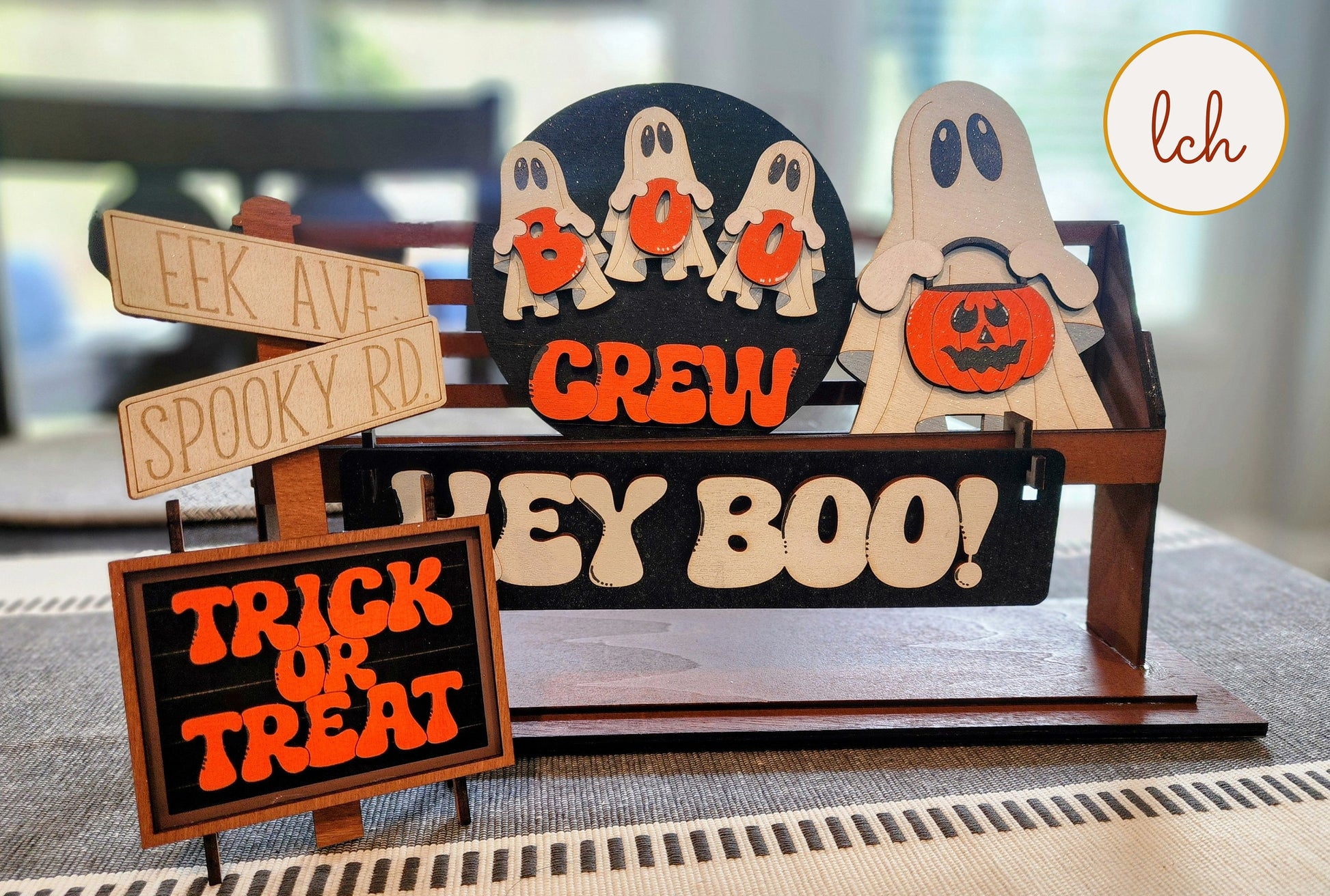 Hand painted Halloween ghost decor wooden wagon insert with spooky signs and trick or treat message