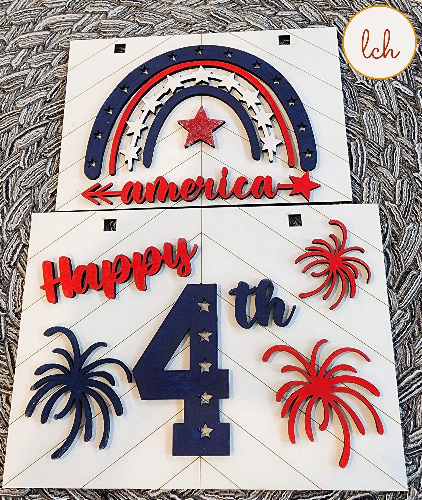 Wooden ladder frame hangers with patriotic Fourth of July design including America text, stars, and fireworks