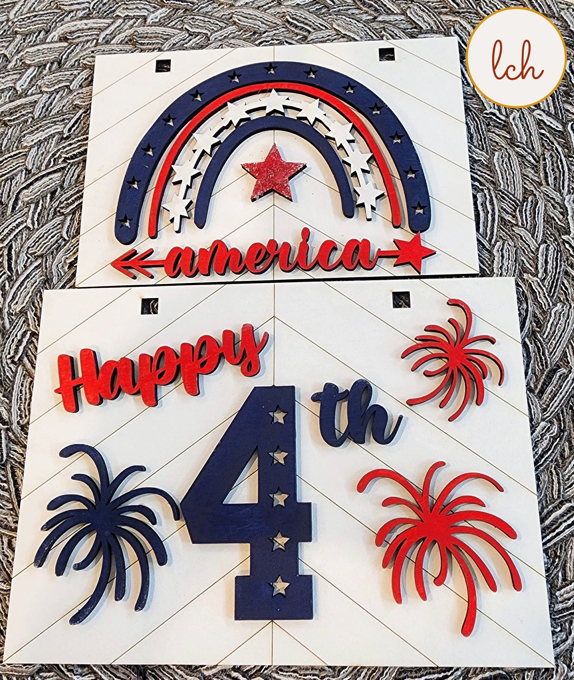 Wooden ladder frame hangers with patriotic Fourth of July design including America text, stars, and fireworks
