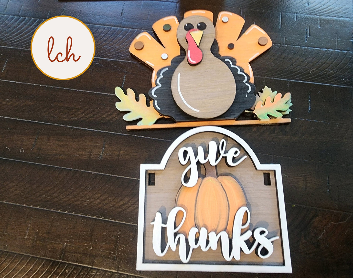 Wooden sign post insert with a colorful turkey and give thanks pumpkin design for fall decor