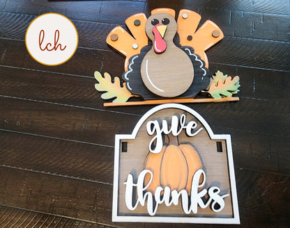 Wooden sign post insert with a colorful turkey and give thanks pumpkin design for fall decor