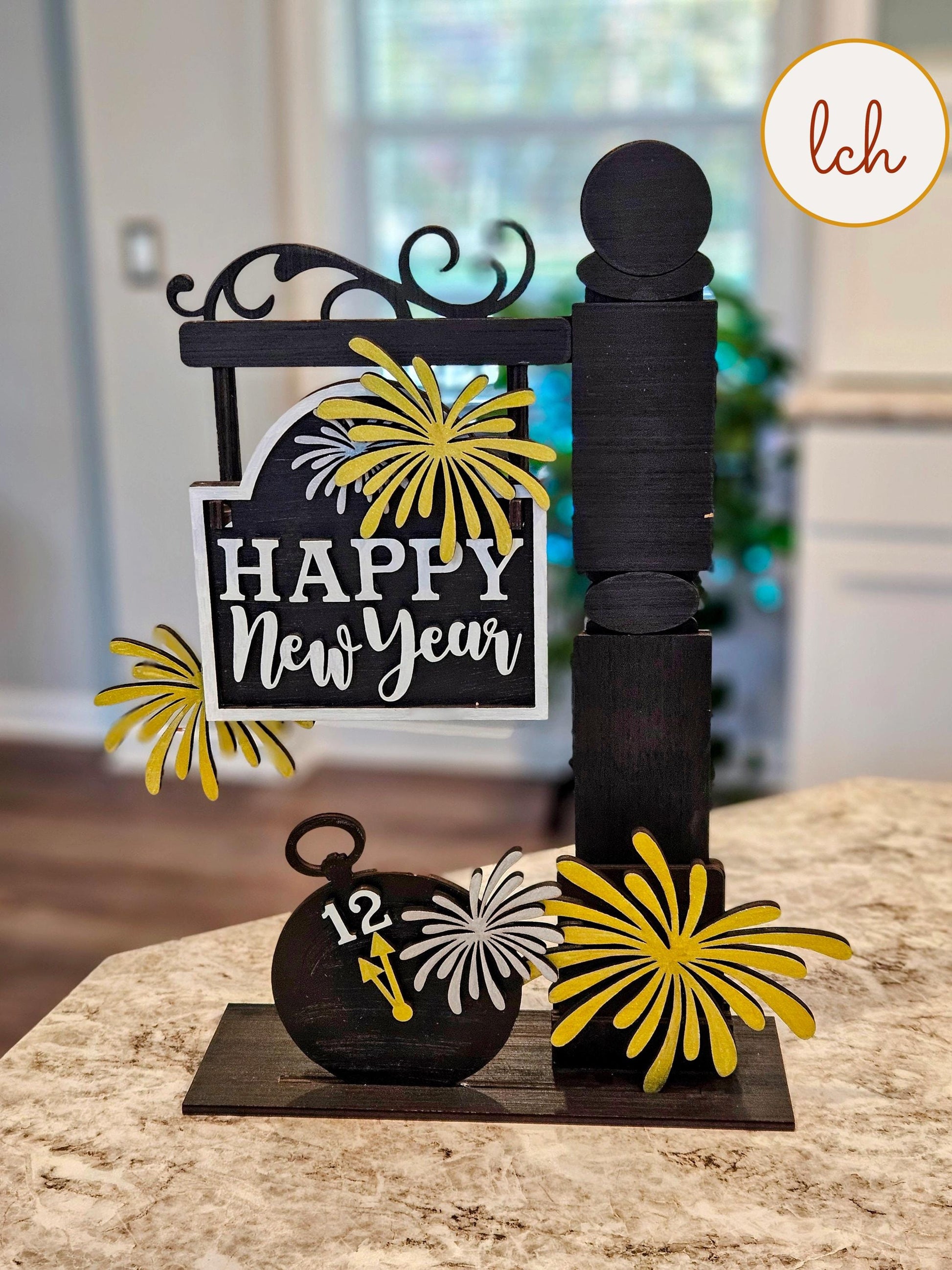 Happy new year wooden sign insert with fireworks and clock design on black wooden post
