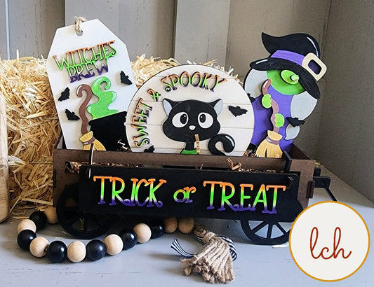 Wooden wagon insert Halloween decoration with witch, black cat, and spooky signs for fall decor
