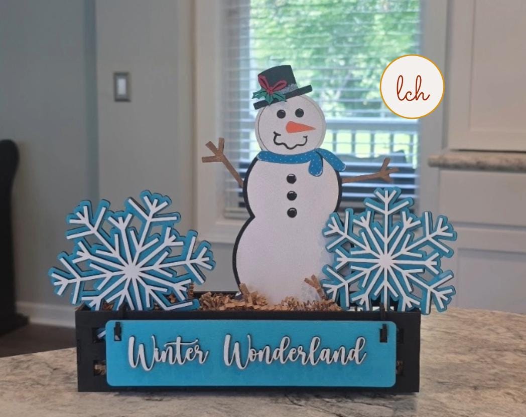 Handcrafted snowman decor for shelves with blue snowflakes and Winter Wonderland sign wooden holiday decoration