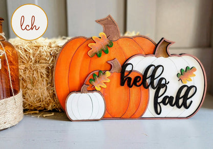 Hello fall wooden pumpkin decor set with orange and white pumpkins and autumn leaves
