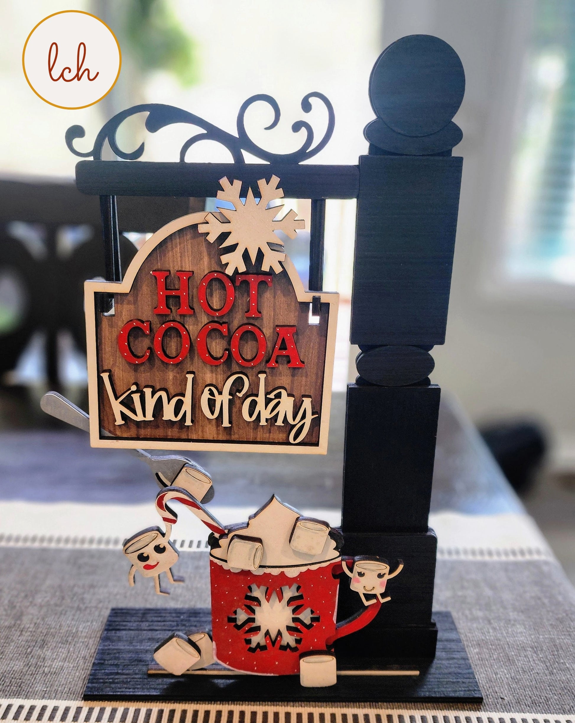 Wooden sign post insert featuring hot cocoa design with red mug and marshmallows for cozy decor