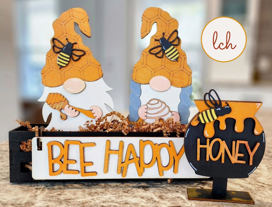 Wooden wagon insert featuring interchangeable gnome décor with bee and honey theme by My Store