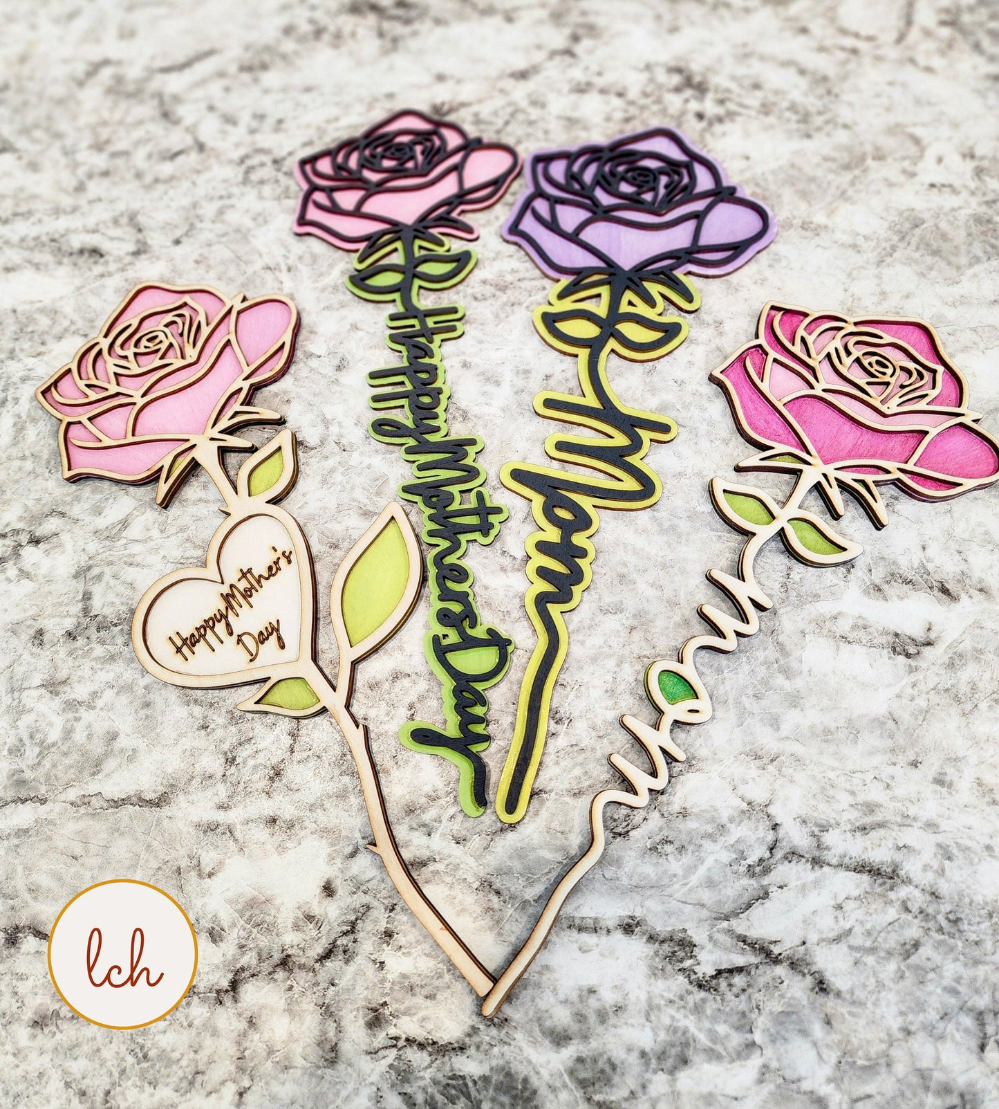 Colorful wooden rose decorations with Happy Mother's Day text perfect for Mother's Day wooden gifts