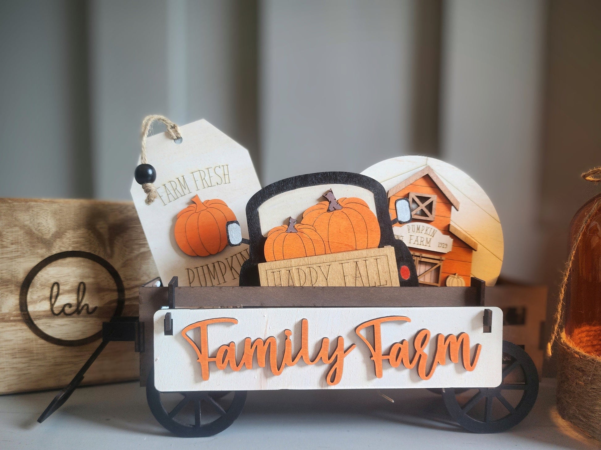 Wooden Family Farm fall decorations with pumpkins and barn for personalized fall decorations for shelves