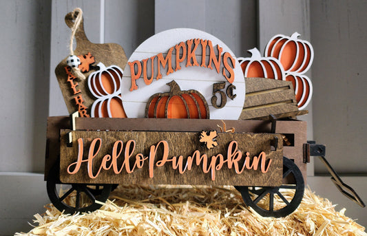 Wooden fall decorations with Hello Pumpkin sign and pumpkins, personalized fall decorations for shelves