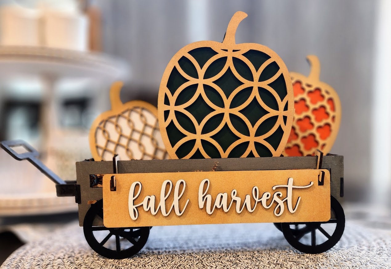 Wooden fall harvest wagon with intricate pumpkin cutouts personalized fall decorations for shelves