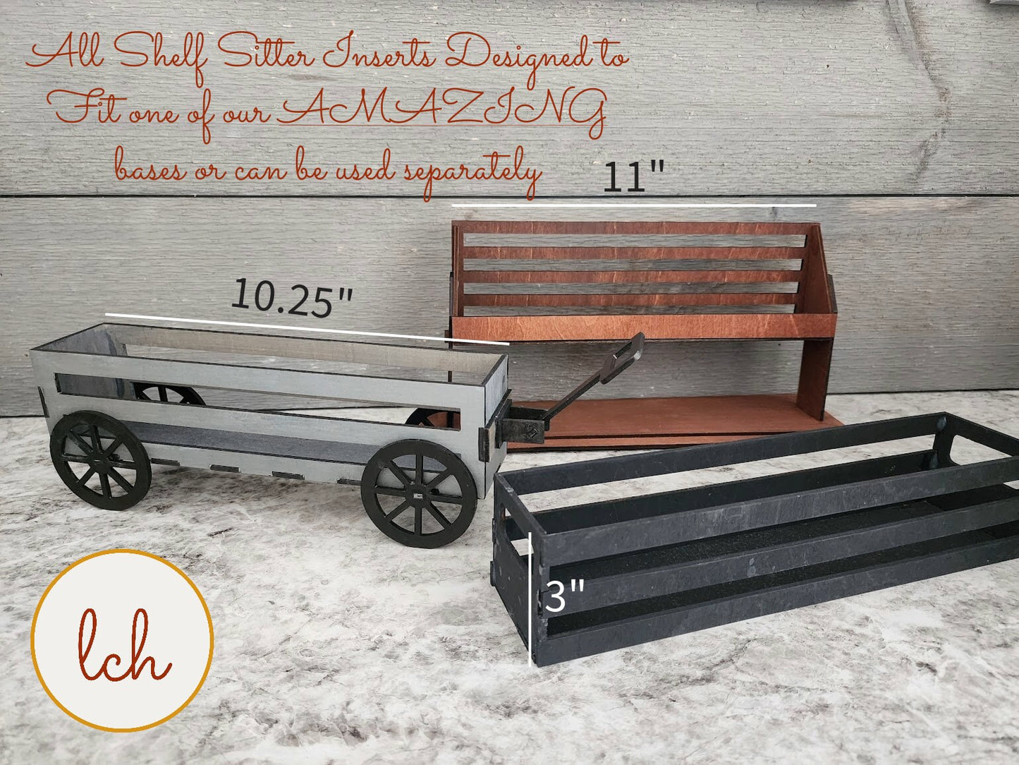 Wooden wagon inserts in different colors and sizes designed to fit shelf bases or be used separately