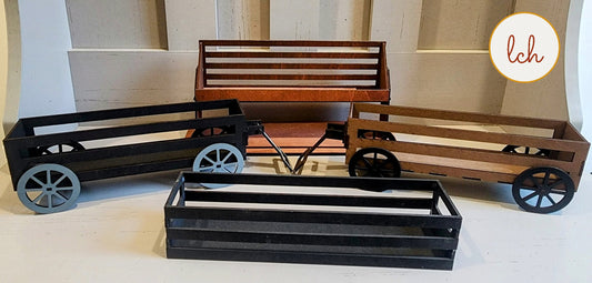 Wooden wagon inserts in black, brown, and natural wood finishes for wagon organization