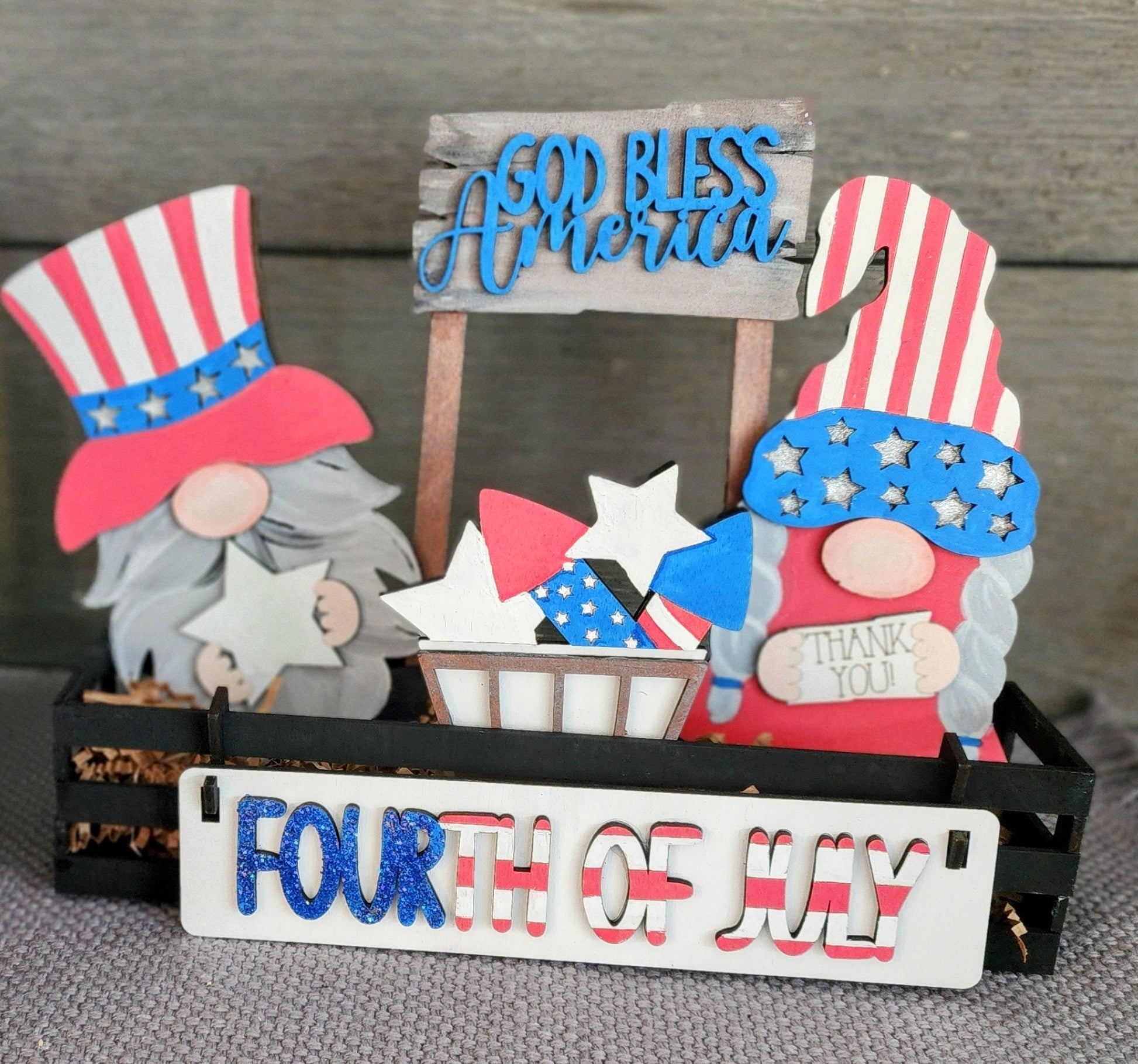 Wooden Wagon Insert featuring patriotic gnome figures and a sign for USA holiday mantel decoration