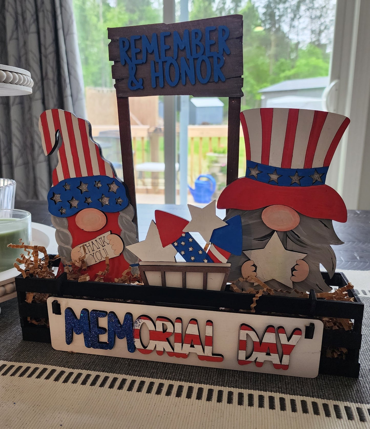 Wooden Wagon Insert with USA holiday mantel decoration featuring patriotic gnomes and Memorial Day sign