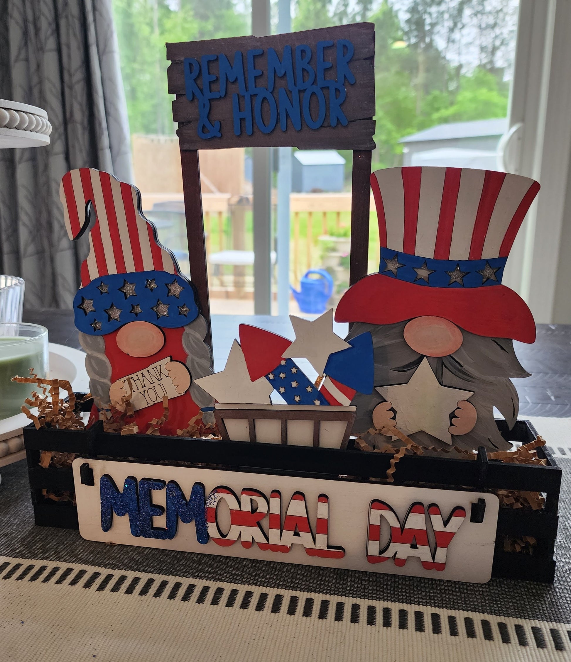 Wooden Wagon Insert with USA holiday mantel decoration featuring patriotic gnomes and Memorial Day sign