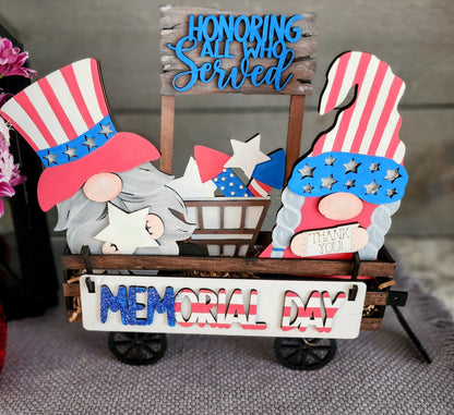 Wooden Wagon Insert USA holiday mantel decoration with Memorial Day gnomes and patriotic colors