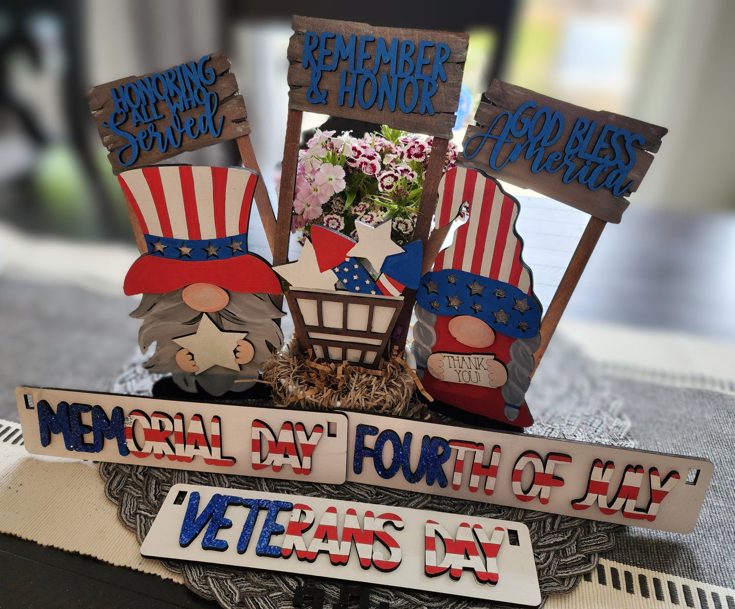 Wooden Wagon Insert featuring USA holiday mantel decoration with Memorial Day and Veterans Day signs
