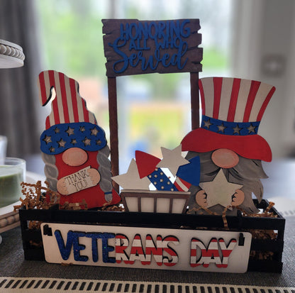 Wooden Wagon Insert USA holiday mantel decoration with Veterans Day gnome figures and patriotic stars