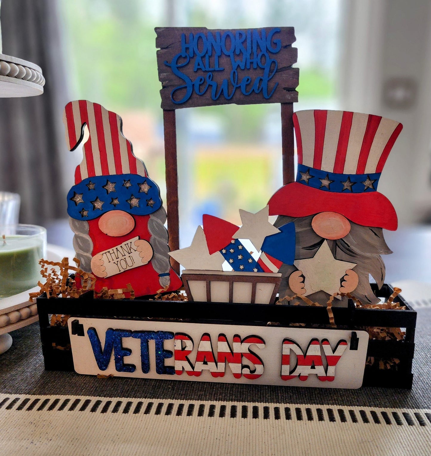 Wooden Wagon Insert USA holiday mantel decoration with Veterans Day theme and patriotic gnome figures
