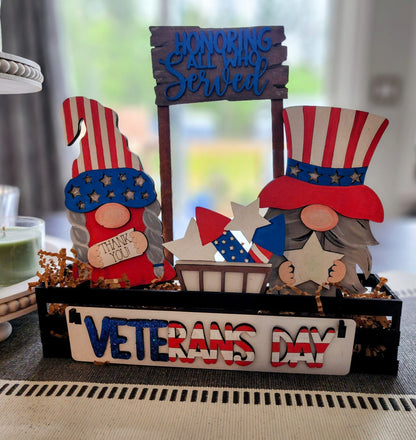 Wooden Wagon Insert USA holiday mantel decoration with Veterans Day theme and patriotic gnome figures