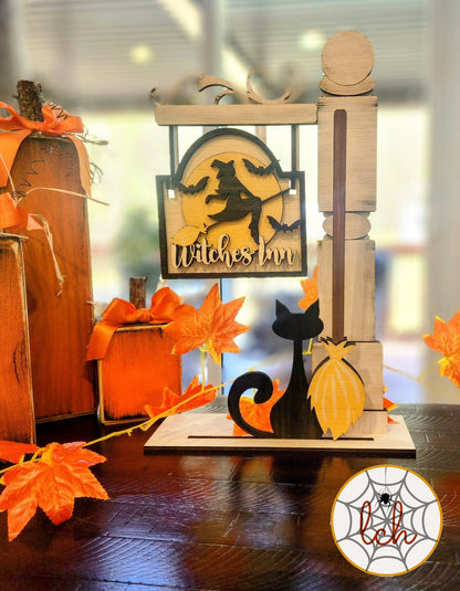 Wooden Halloween decoration featuring a witch silhouette, black cat, and orange leaves from My Store